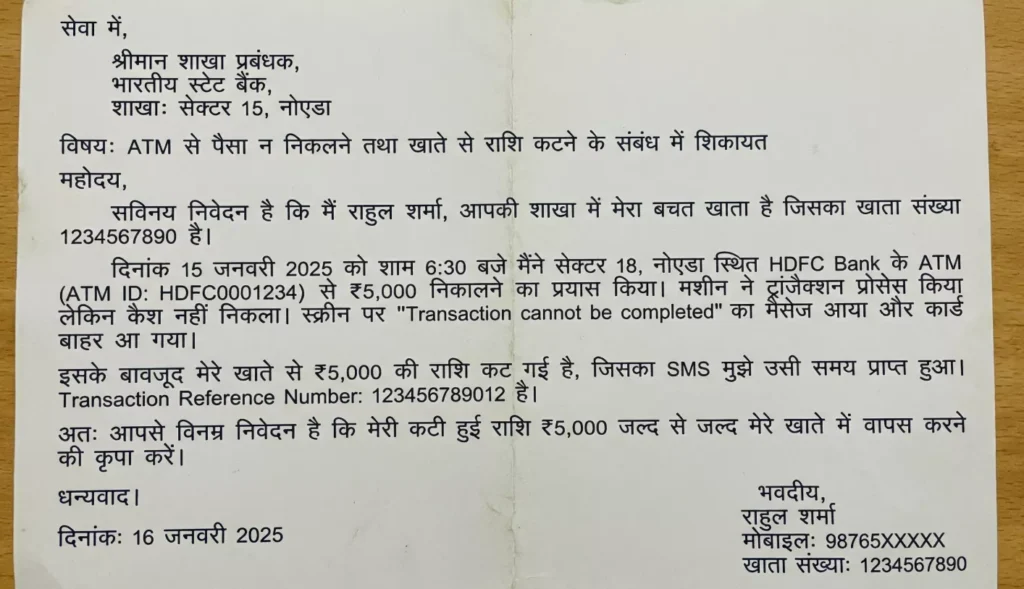 Atm se paise nahi nikle application in hindi